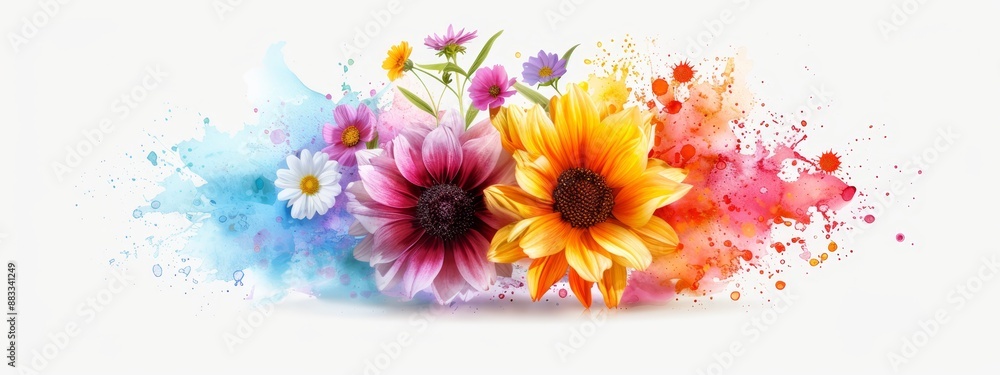  A white background bearing an array of variously hued blossoms, concluding in a paint splash at the base