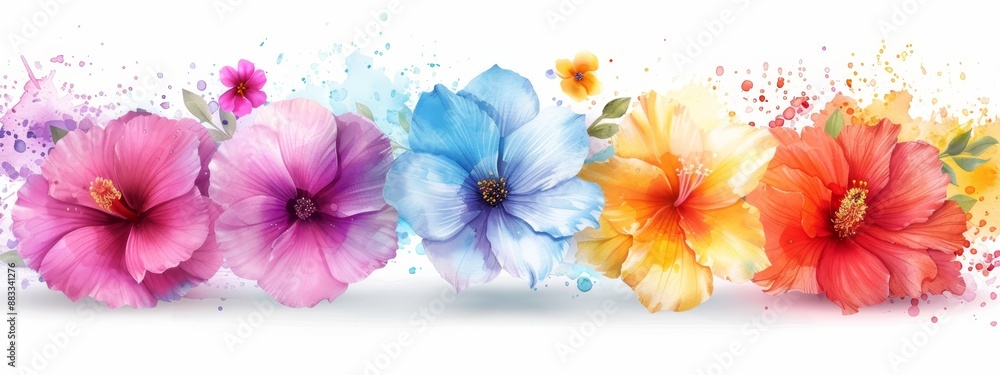 A collection of vibrant blooms atop a pristine white backdrop, accompanied by a smear of paint at image's base A collection of vibrant blooms atop a pristine white backdrop, accompanied by a smear of paint at image's base