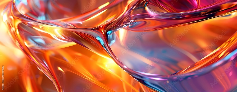 Iridescent Colorful Abstract 3D Render Digital Art of Glass with Fluid and Smooth Curved Shapes and Neon Light Effects, Glossy Soft Light Reflections, Background Banner Iridescent Colorful Abstract 3D Render Digital Art of Glass with Fluid and Smooth Curved Shapes and Neon Light Effects, Glossy Soft Light Reflections, Background Banner