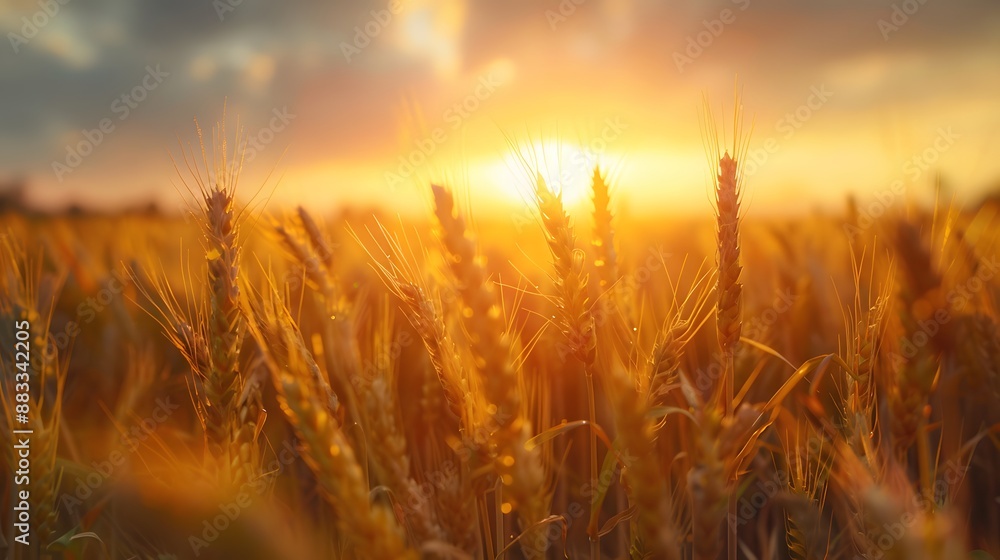 Golden ripe ears of wheat on nature in summer field at sunset rays of sunshine, close-up macro. Ultra wide format. Golden ripe ears of wheat on nature in summer field at sunset rays of sunshine, close-up macro. Ultra wide format.
