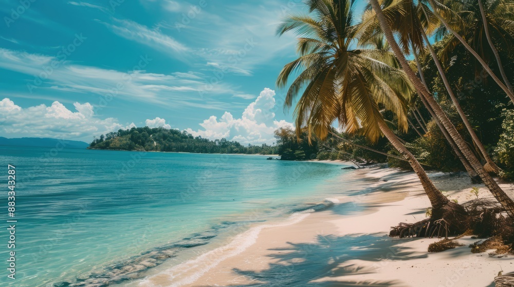 Obraz premium Tropical beach with palm trees and azure water in ocean. Paradise island on a sunny day. Trip, travel and vacation theme