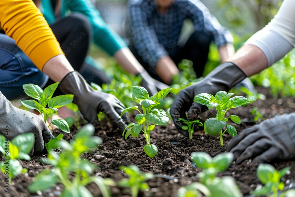 Close-up of a group of gardeners planting young seedlings in rich, dark soil. Close-up of a group of gardeners planting young seedlings in rich, dark soil.