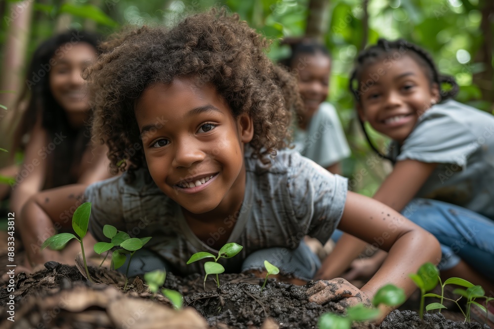 A group of happy children are seen playing and gardening in a lush green garden. A group of happy children are seen playing and gardening in a lush green garden.