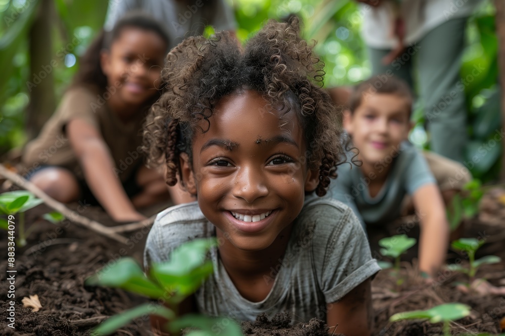 A group of happy children are seen playing and gardening in a lush green garden. A group of happy children are seen playing and gardening in a lush green garden.