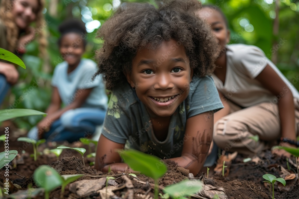 A group of happy children are seen playing and gardening in a lush green garden. 