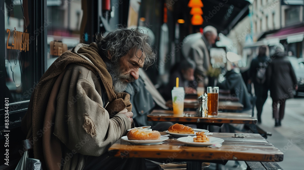 A homeless man in dirty clothes sits in an elite restaurant and orders food for himself. A homeless man in dirty clothes sits in an elite restaurant and orders food for himself.
