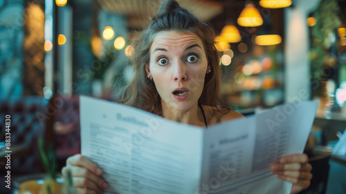 A shocked woman holds a menu in a restaurant. She didn't expect the price of the food to be so high, her expression shows surprise and disappointment.
