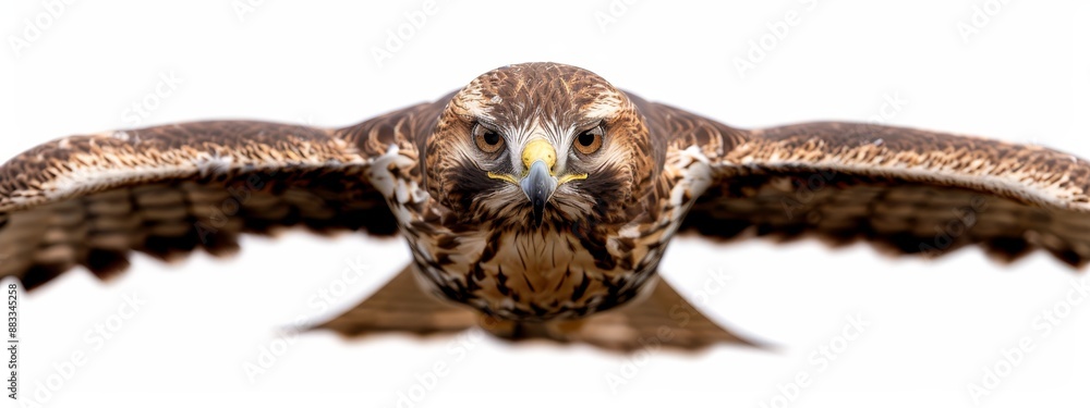 Obraz premium A tight shot of a bird of prey with sprawled wings and widened eyes