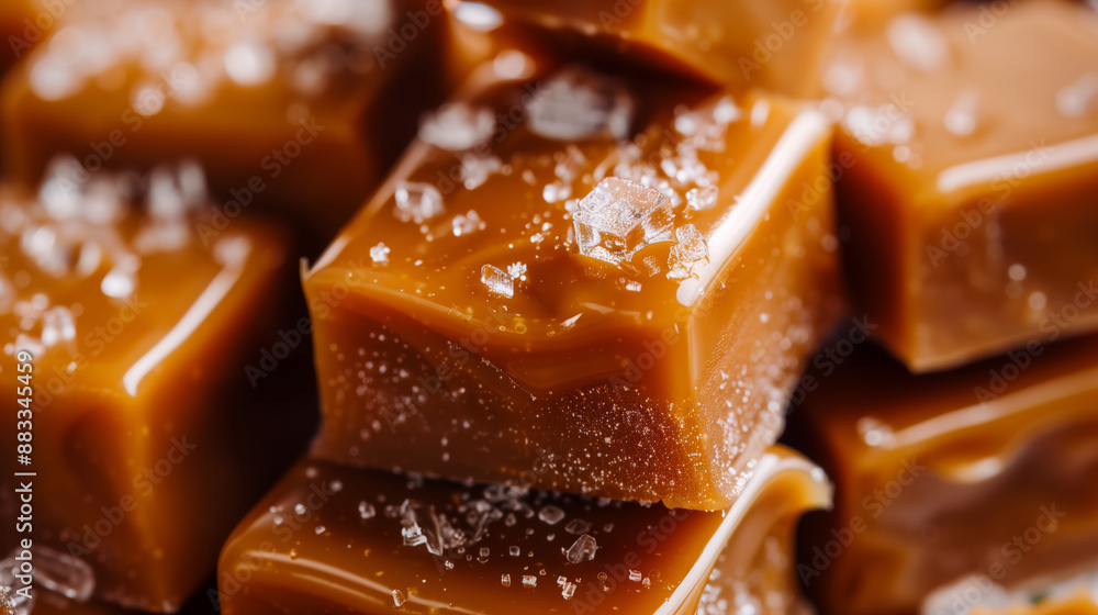 Close-up of salted caramel candies with sea salt crystals. Delicious sweet treat. Flat lay composition with copy space for design and print. Close-up of salted caramel candies with sea salt crystals. Delicious sweet treat. Flat lay composition with copy space for design and print.