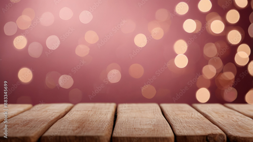 Wooden table over pink bokeh lights background. Valentine's day or women day concept, copy space Wooden table over pink bokeh lights background. Valentine's day or women day concept, copy space