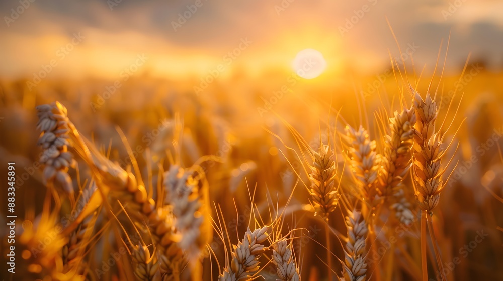 Golden ripe ears of wheat on nature in summer field at sunset rays of sunshine, close-up macro. Ultra wide format. Golden ripe ears of wheat on nature in summer field at sunset rays of sunshine, close-up macro. Ultra wide format.