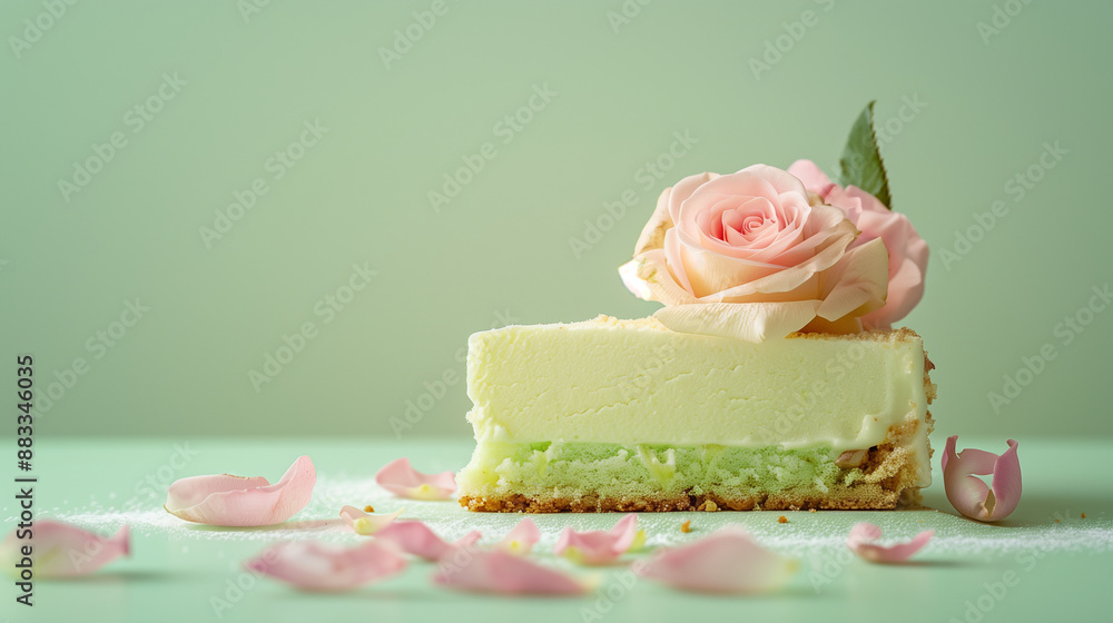 Pistachio Cheesecake Decorated with a Pink Rose Pistachio Cheesecake Decorated with a Pink Rose