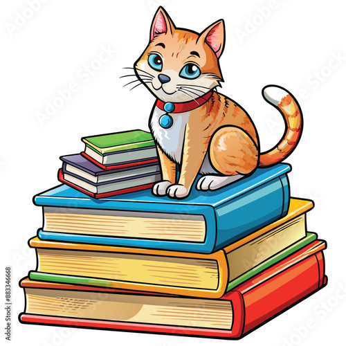 Smart Kitty Relaxing on Pile of Colorful Books, Cute Feline Illustration for Bookworms white background vector illustration.AI GENERATED