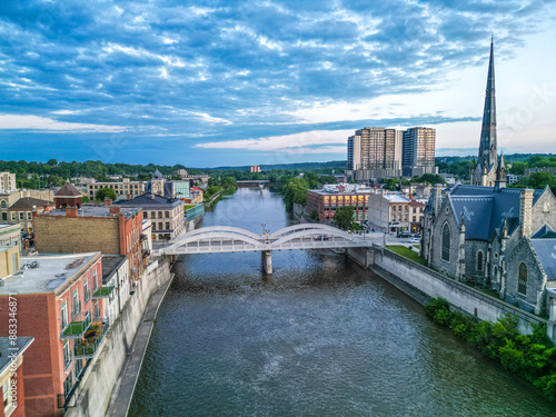 Photography bridge over the river Aerial Birds Eye view of Cambridge Waterloo region Ontario