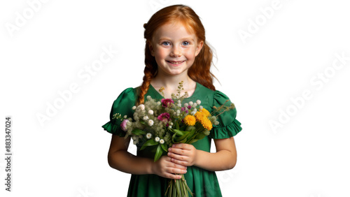 Young Girl in Green Dress Holding Bouquet of Flowers
