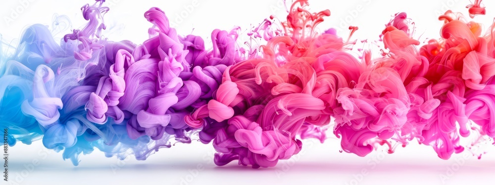 A rainbow-hued collection of inks forms a stream of paint against a pristine white backdrop A rainbow-hued collection of inks forms a stream of paint against a pristine white backdrop