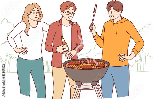 Canvas Print Backyard barbecue party for friends or neighbors grilling meat and drinking beer