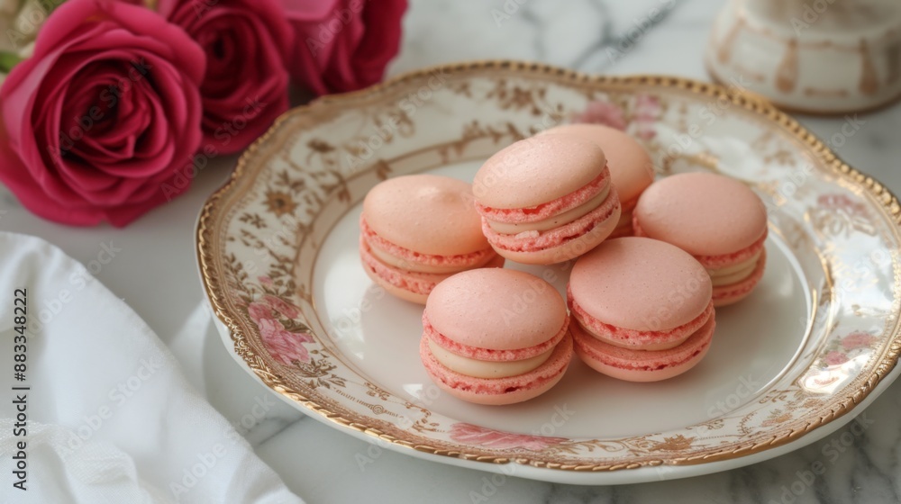 Obraz premium Set of pink French macarons on a decorative plate
