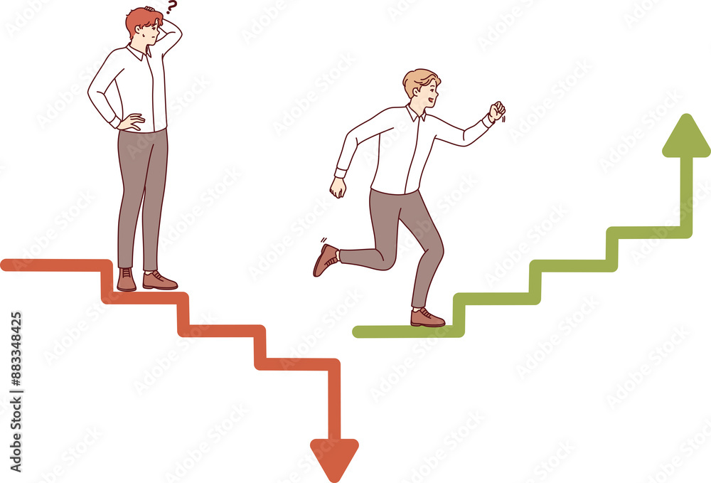 Obraz premium Business competition on investment exchange leads to loss of money or receipt of excess profits from competing men. Guy uses strategy to escape collapsing stock market during crisis.
