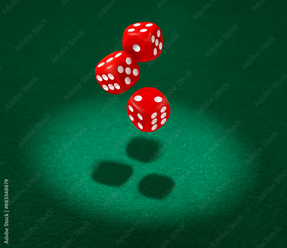 Three red dice floating in the atmosphere to symbolize fortune and risk in gambling Three red dice floating in the atmosphere to symbolize fortune and risk in gambling