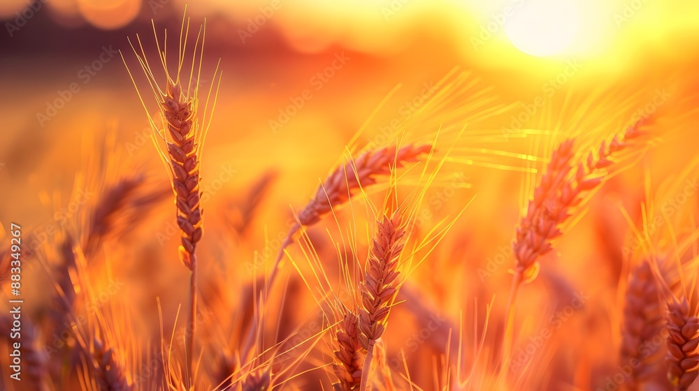Golden ripe ears of wheat on nature in summer field at sunset rays of sunshine, close-up macro. Ultra wide format. Golden ripe ears of wheat on nature in summer field at sunset rays of sunshine, close-up macro. Ultra wide format.