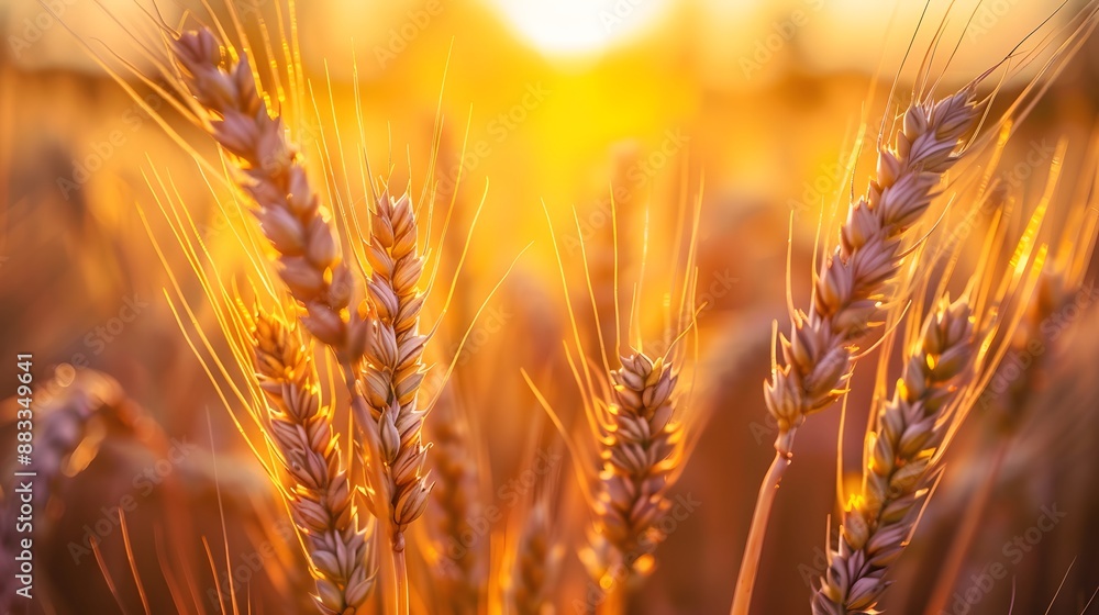 Golden ripe ears of wheat on nature in summer field at sunset rays of sunshine, close-up macro. Ultra wide format. Golden ripe ears of wheat on nature in summer field at sunset rays of sunshine, close-up macro. Ultra wide format.