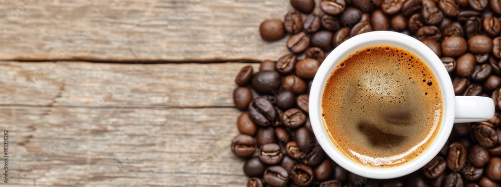 A tight shot of a coffee mug, brimming with steaming brew, atop a stack of coffee beans on a weathered wooden table A tight shot of a coffee mug, brimming with steaming brew, atop a stack of coffee beans on a weathered wooden table