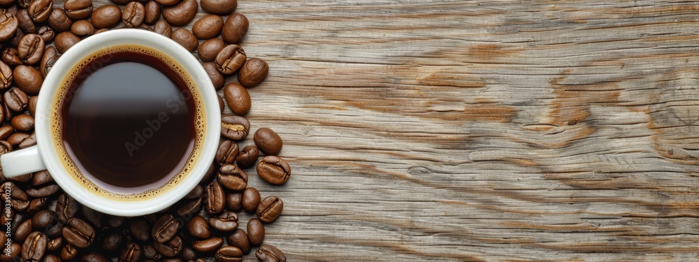 A cup of coffee atop beans on wood table, near heap of beans A cup of coffee atop beans on wood table, near heap of beans