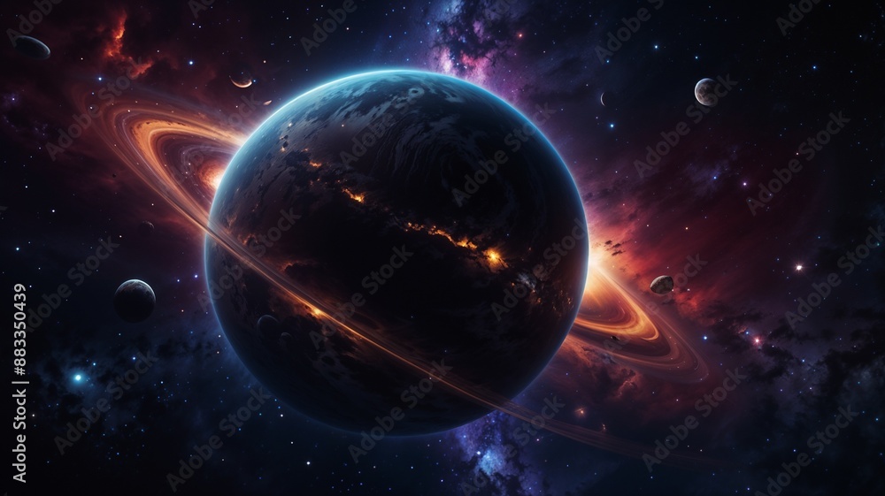 Obraz premium Vibrant digital art, a stunning celestial landscape, depicts a mesmerizing galaxy background with a majestic planet suspended amidst swirling clouds of iridescent gas and dust, illuminated by a radian