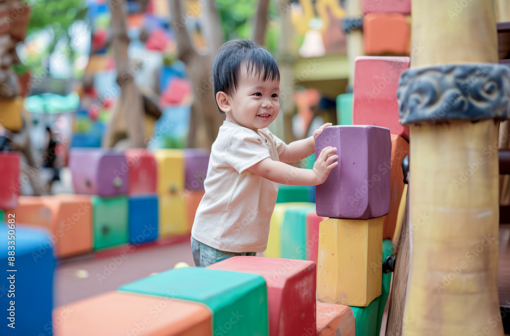 A young child is playing with blocks in a colorful play area. The child is smiling and he is enjoying the activity A young child is playing with blocks in a colorful play area. The child is smiling and he is enjoying the activity