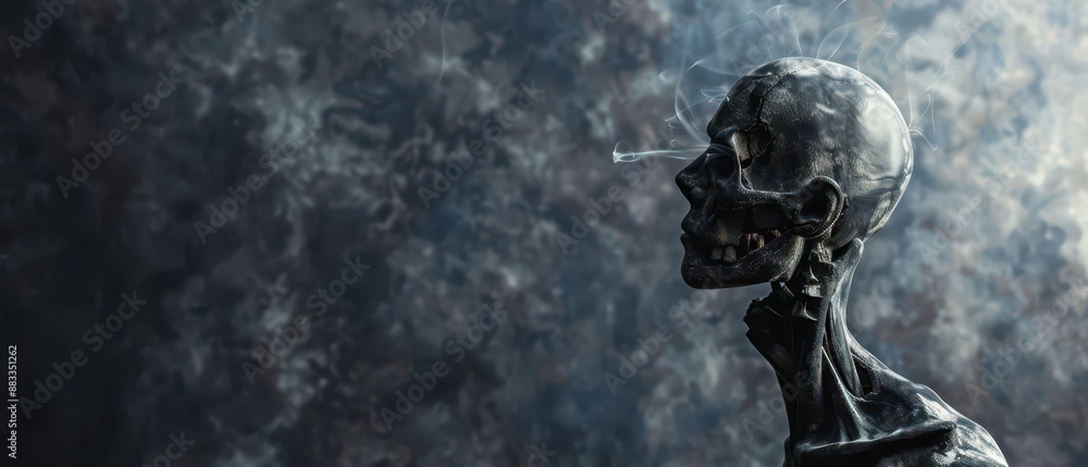 A Skeleton Figure in Smoke Against a Dark Cloudy Background A Skeleton Figure in Smoke Against a Dark Cloudy Background