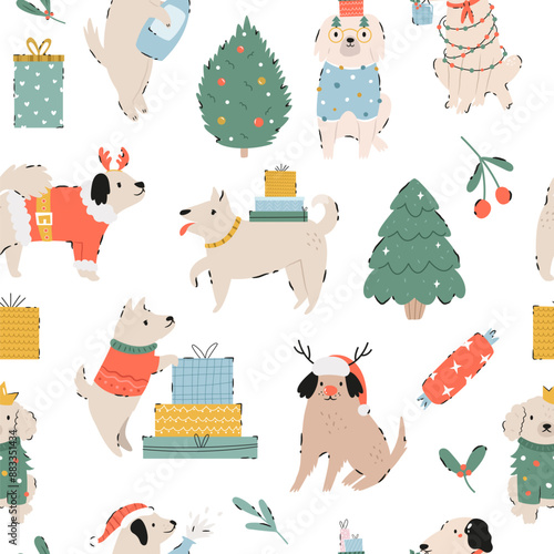 Festive Christmas seamless pattern with hand-drawn adorable dogs. Holiday vector illustration with funny characters