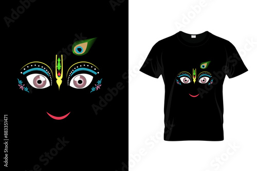 T-shirt design concept of Lord Krishna drawing isolated on dark background - vector illustration