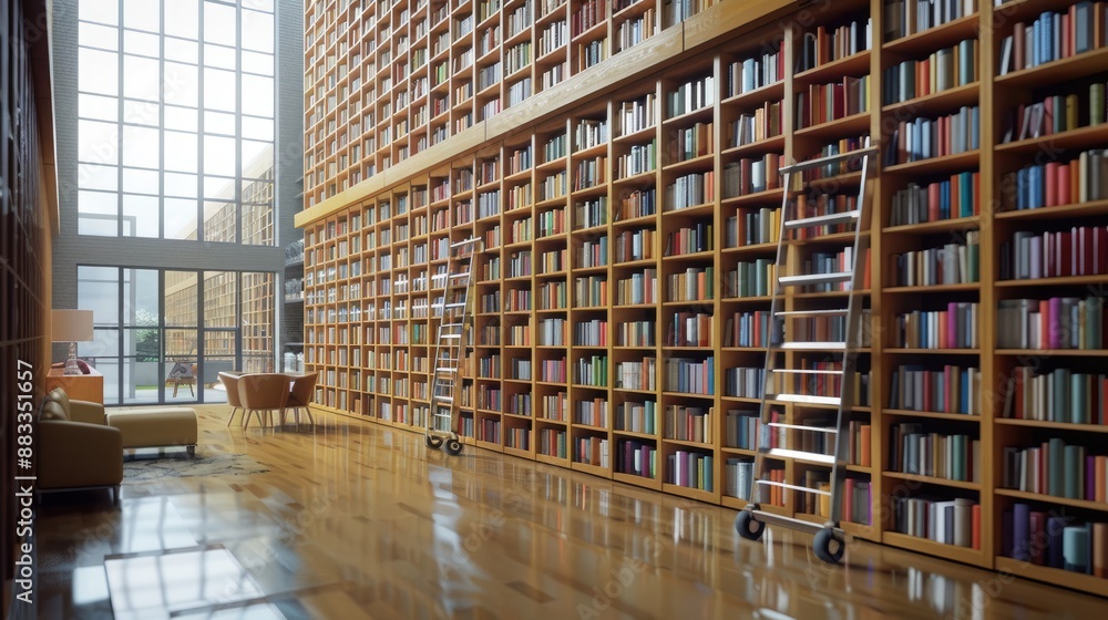 A contemporary library with wall-to-wall bookcases and a rolling ladder A contemporary library with wall-to-wall bookcases and a rolling ladder