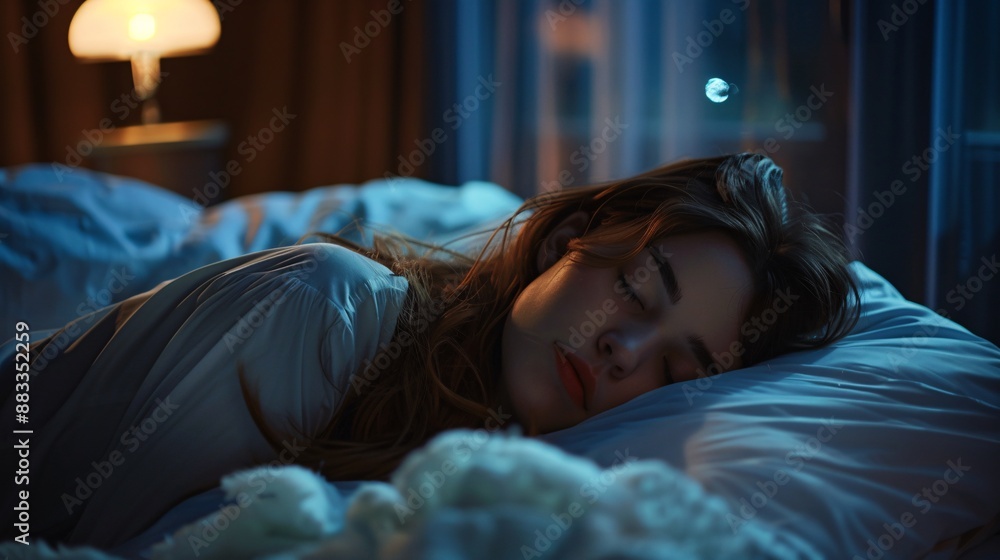 Beautiful young woman sleeping in bed at night
Beautiful young woman sleeping in bed at night