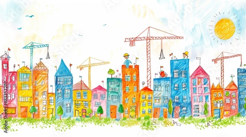 Child's Drawing of a Sunny City Under Construction