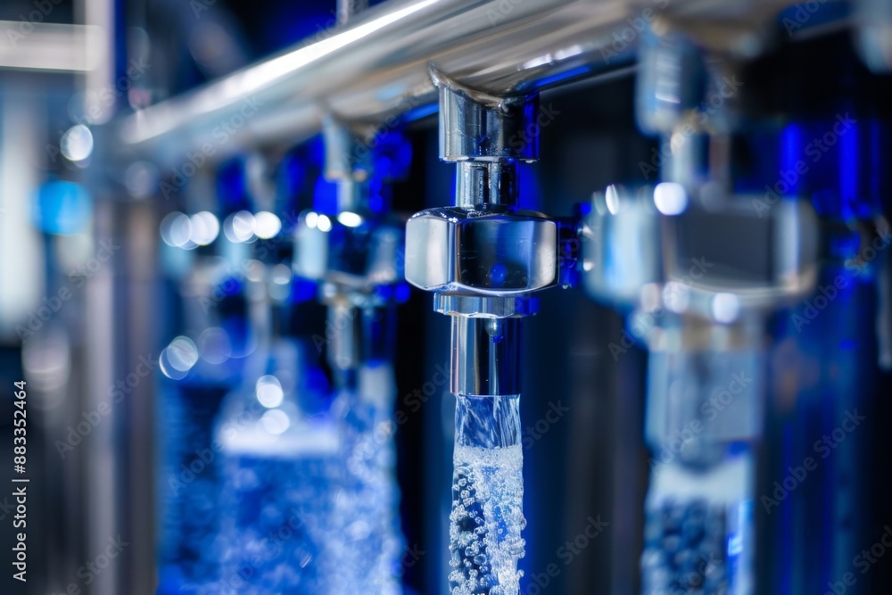 Close-up on Reverse Osmosis Water Filtration System: Showcasing the Intricate Filtration Process and the Output of Pure, Clean Drinking Water Close-up on Reverse Osmosis Water Filtration System: Showcasing the Intricate Filtration Process and the Output of Pure, Clean Drinking Water