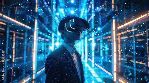 Futuristic scene with a man wearing a virtual reality headset in a blue neon-lit hallway.