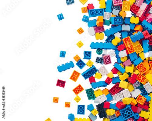 Scattered colorful bricks on white background top view Scattered Toys White Background Concept