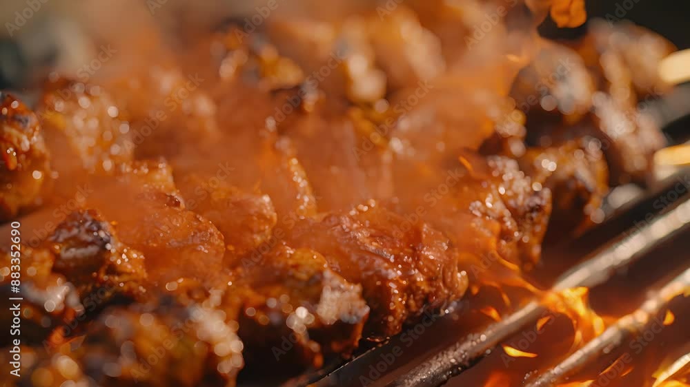 A mouthwatering view of a perfectly browned and crispy kebab smothered in a savory sauce and grilling on an electric grill. A mouthwatering view of a perfectly browned and crispy kebab smothered in a savory sauce and grilling on an electric grill.