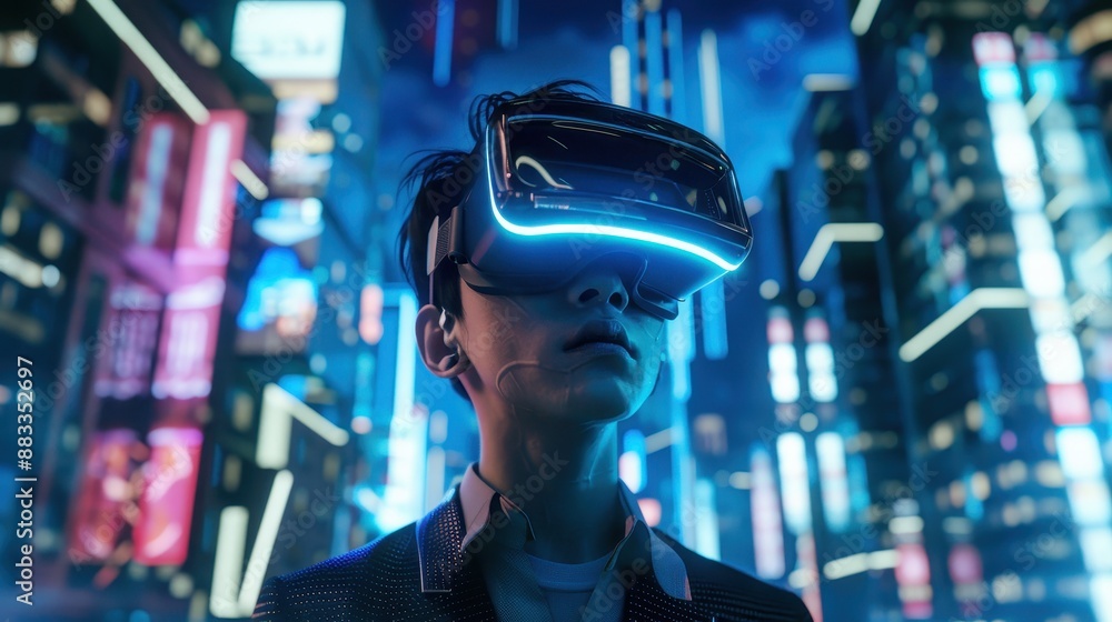 Life in the digital age: man with a VR headset standing in a neon blue glowing corridor Life in the digital age: man with a VR headset standing in a neon blue glowing corridor