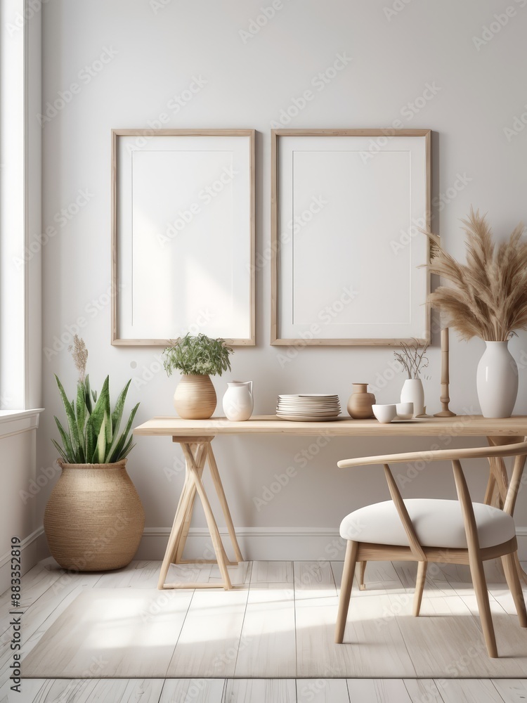 Fototapeta premium Interior poster mockup with vertical black frame in home interior background. Mockup Poster Frame in cozy room