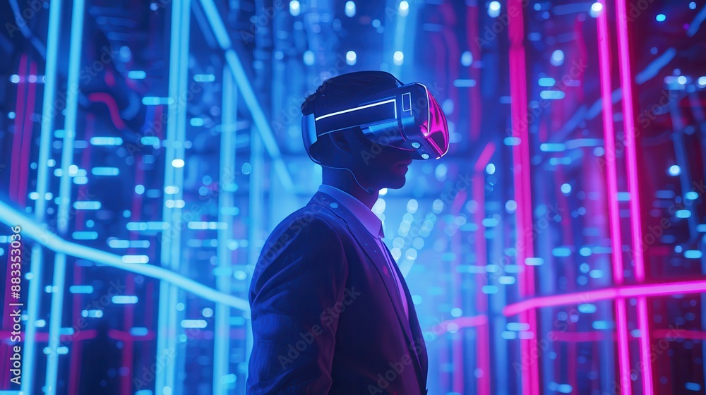 Scene from the future: a man connects to the virtual world in a blue glowing corridor Scene from the future: a man connects to the virtual world in a blue glowing corridor