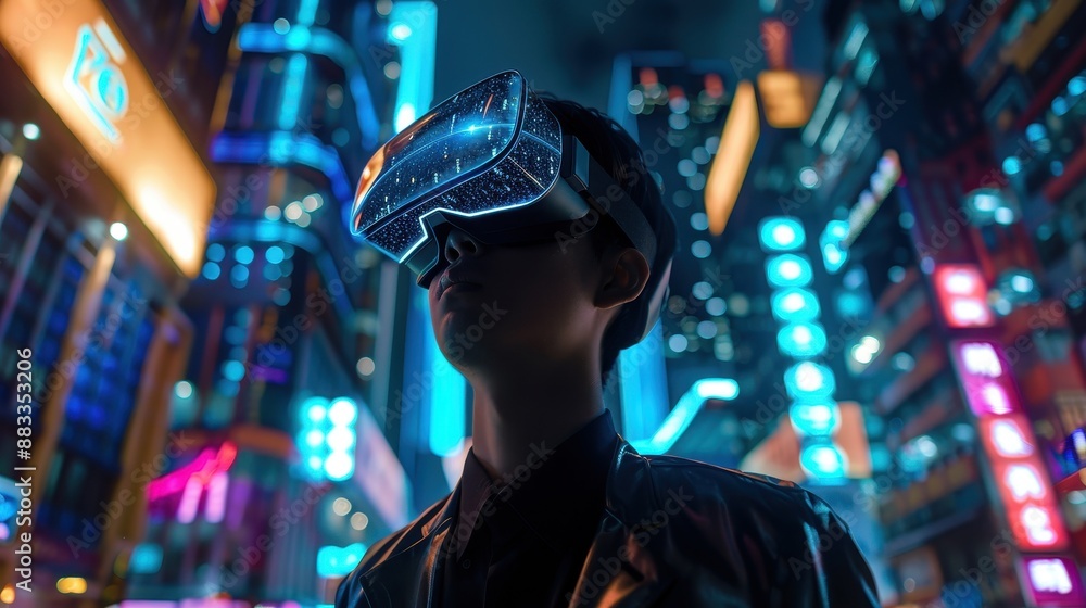 A man wearing a VR headset stands in the middle of a futuristic hallway filled with neon blue light A man wearing a VR headset stands in the middle of a futuristic hallway filled with neon blue light