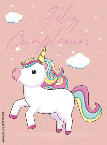 tarjeta o pancarta para desear un feliz cumpleaños en rosa sobre un fondo beige rosa con estrellas y nubes y un unicornio blanco