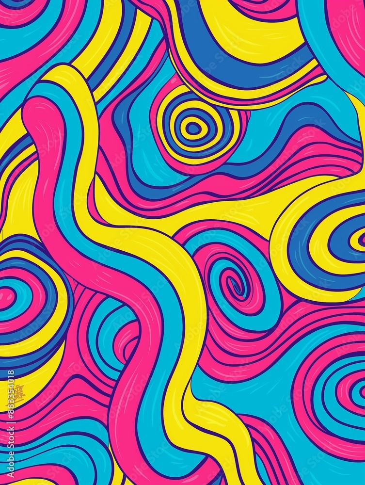 Retro-inspired graphic design with vibrant, colorful swirling patterns, ideal for artistic and creative projects. Retro-inspired graphic design with vibrant, colorful swirling patterns, ideal for artistic and creative projects.
