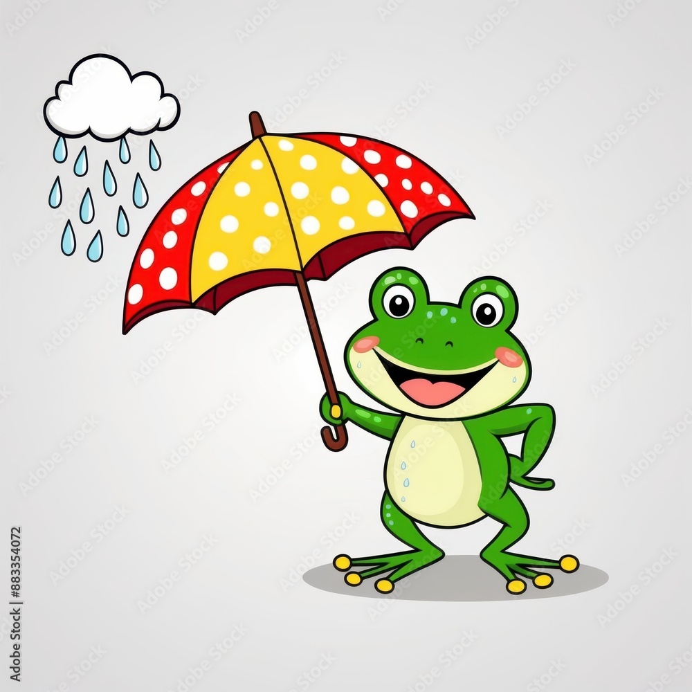 Cheerful Frog Holding Polka-Dot Umbrella in the Rain Cheerful Frog Holding Polka-Dot Umbrella in the Rain