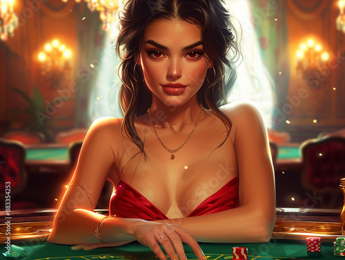 room for casino games. The dealer, an elegant woman, stands at the poker table. a poker table covered with green cloth. Money, bets, roulette, in the background a luxurious interior photorealism photo