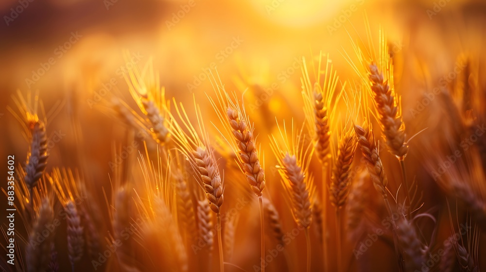 Golden ripe ears of wheat on nature in summer field at sunset rays of sunshine, close-up macro. Ultra wide format. Golden ripe ears of wheat on nature in summer field at sunset rays of sunshine, close-up macro. Ultra wide format.