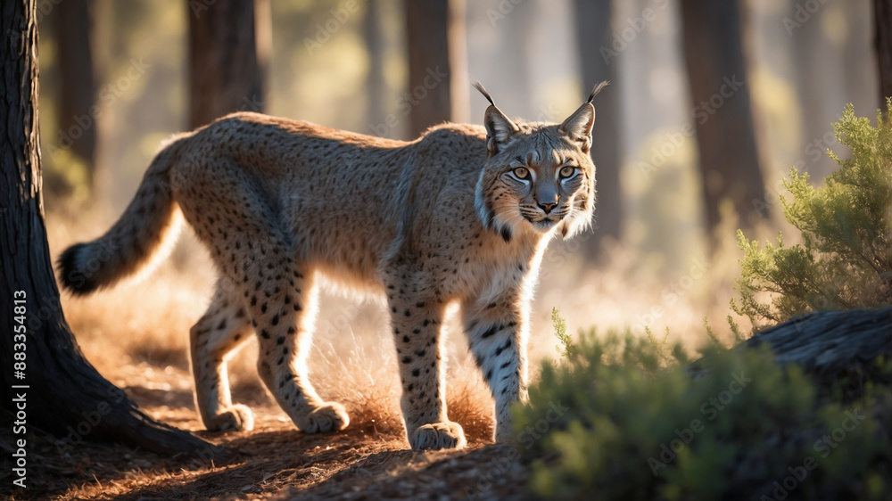 Obraz premium Iberian Lynx Stalking Through Mediterranean Cork Oak Forest Golden Hour Light Dappled Shadows Spotted Coat Tufted Ears Stealth Wildlife Photography - stock photo